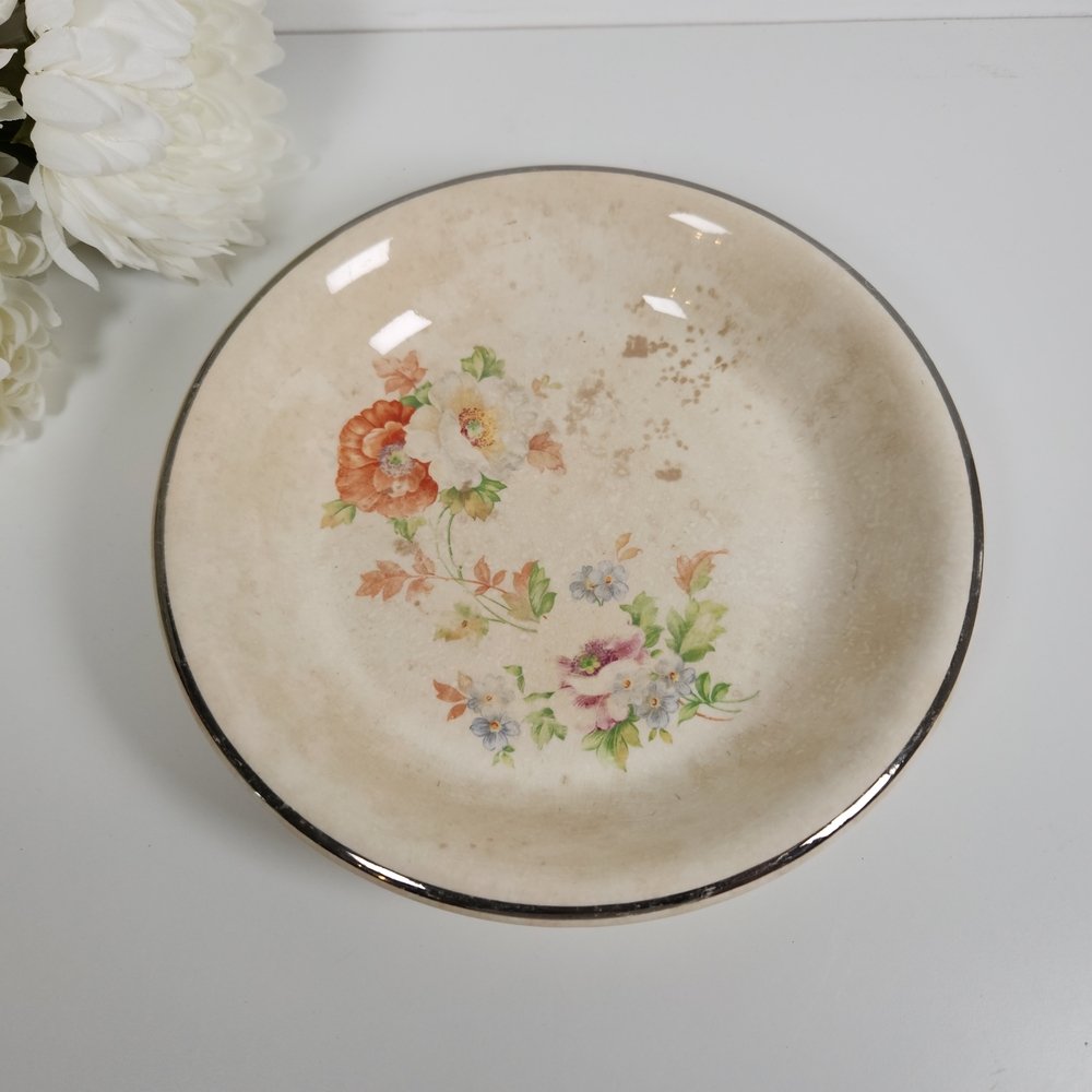 Vintage Bakerite Crazed Stained Floral Pie Plate- Deep Dish- Shabby Chic